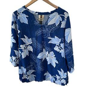 Tori Richard Honolulu Hawaiian Kukui Nut Split Neck Quarter Sleeve Tunic Top S